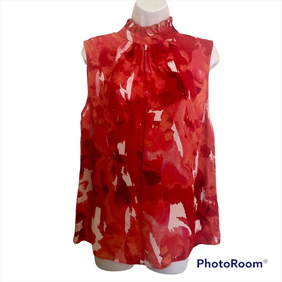 ✨HP✨NWT Donna Karan sleeveless top w/ ruffled mock neck, L, red and white floral - Picture 3 of 11